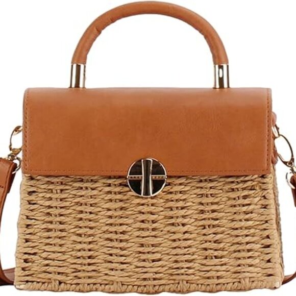 Neiman Marcus Rattan Beach Khaki Medallion Crossbody Bag - Picture 6 of 6
